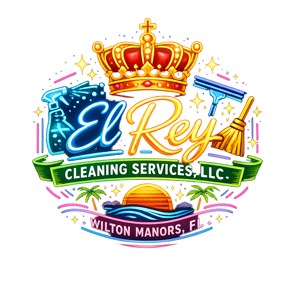 Classic logo for El Rey Cleaning Services, LLC in neon sign style with crown motif.