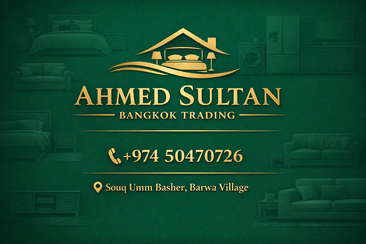 Contact Ahmed Sultan Bankok Trading directly for a quick quote on your used appliances and furniture. Business card for Ahmed Sultan Bankok Trading showing contact information for selling used appliances.