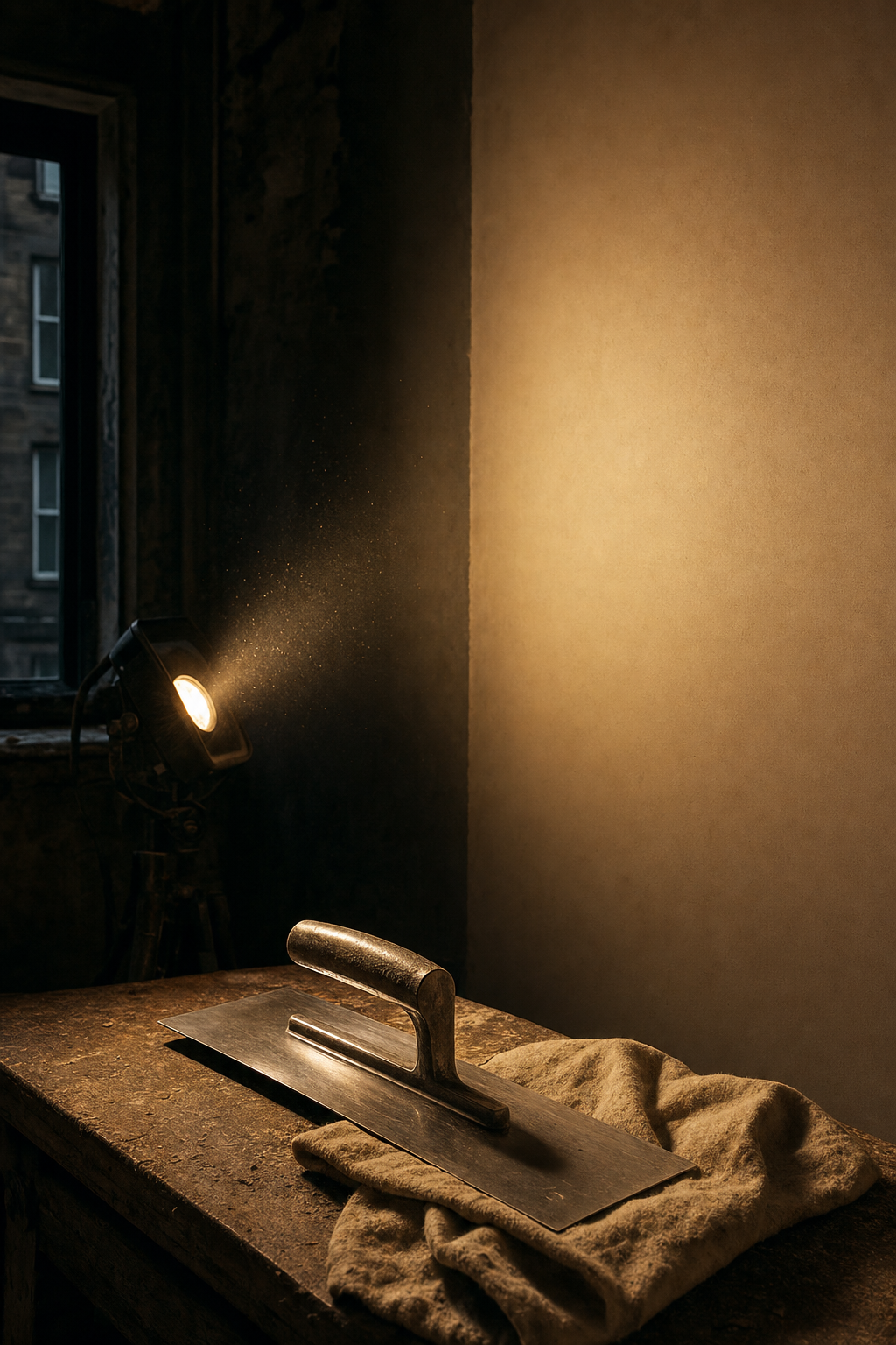 The final result: a perfectly smooth, dry wall ready for decorating. A vertical image showing a finished, high-quality plastered wall in a modern Edinburgh home setting.