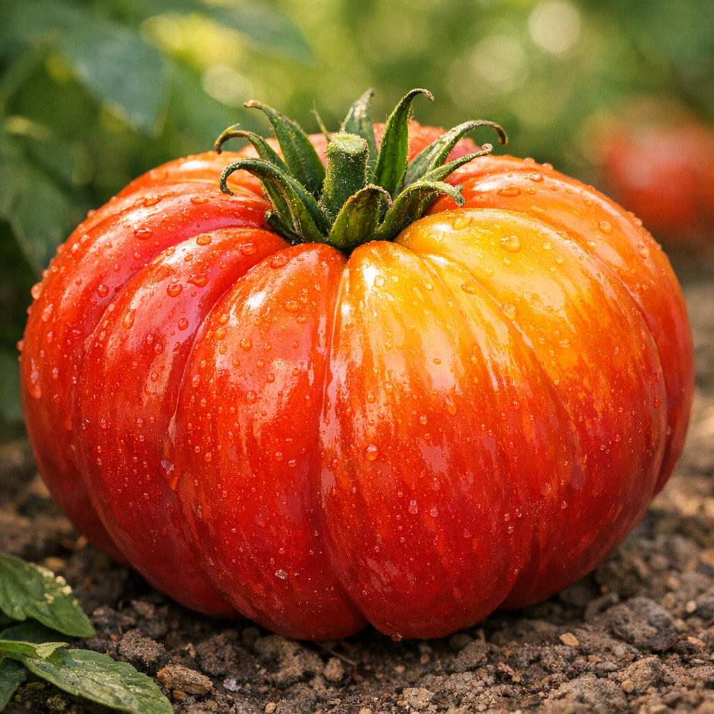 Selecting varieties with fewer seeds and less water is the secret to a perfect curry base. A large sunrise-colored beef tomato with vibrant orange and red hues, highlighting its low-seed structure.