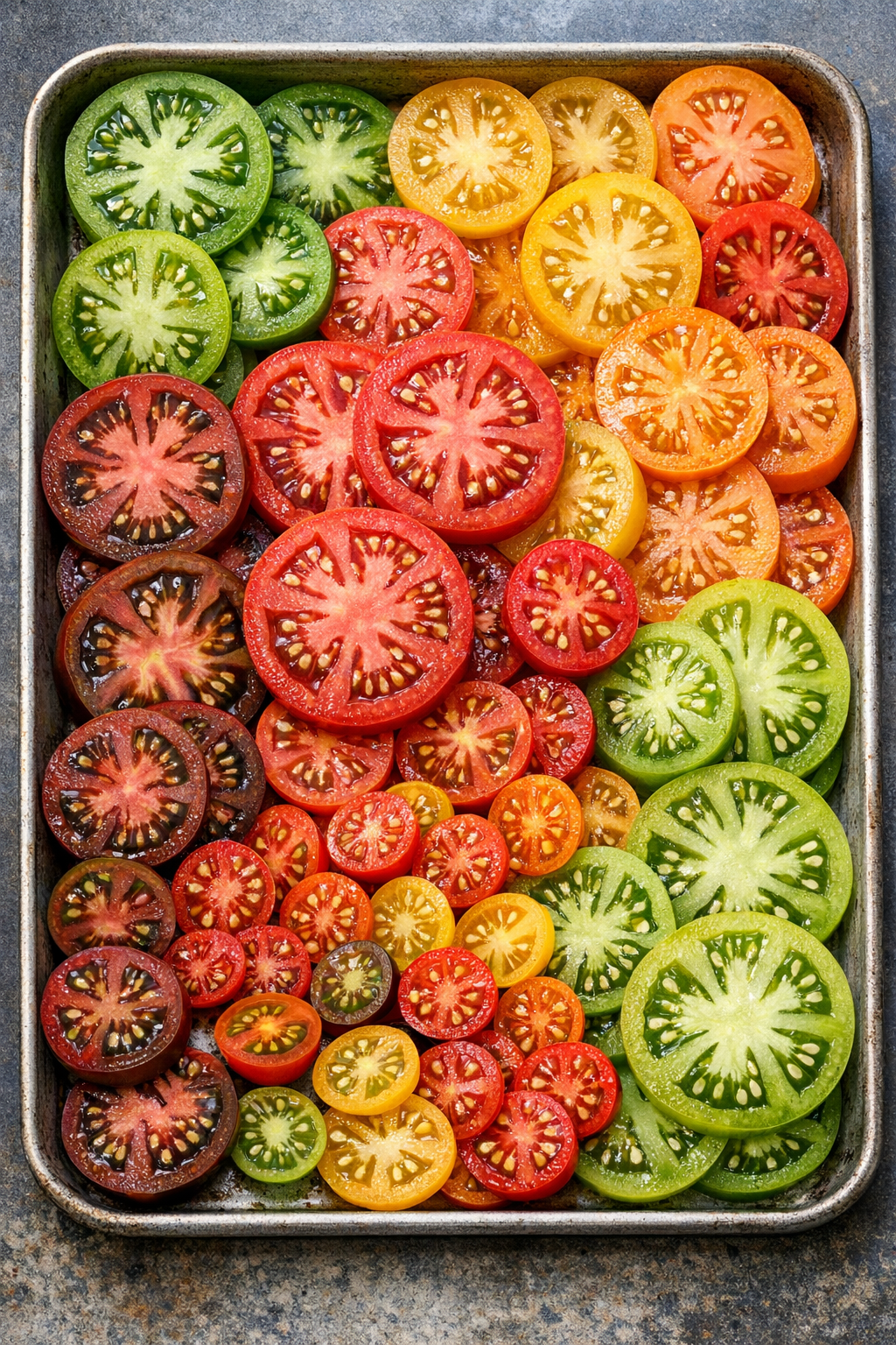 From beefsteaks to cherry tomatoes, choosing the right variety for your garden space is essential. A tray featuring various sliced tomato varieties in shades of green, yellow, and red, showing different sizes.