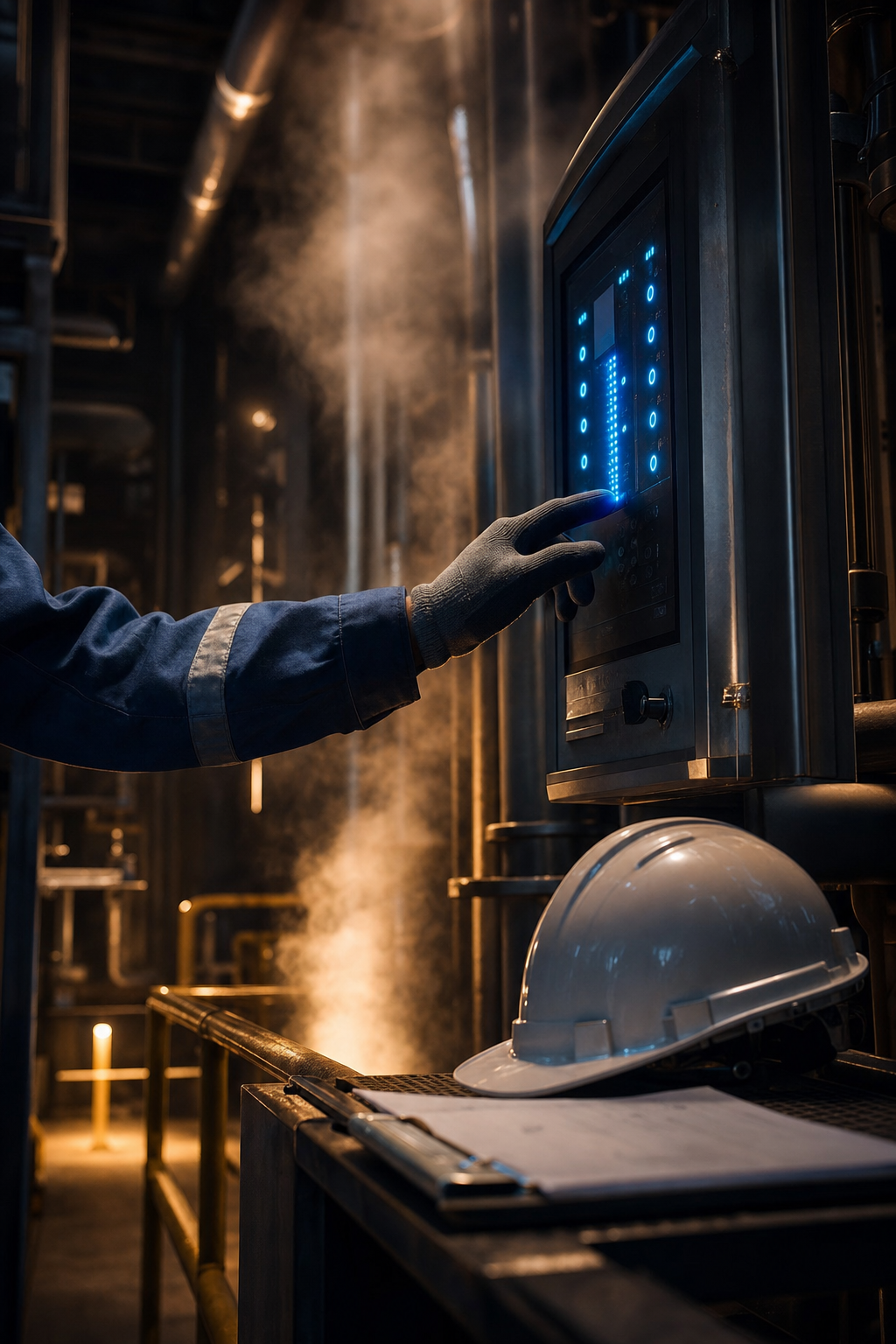 La consultoría técnica permite identificar vulnerabilidades en los sistemas de control industrial. Técnico especializado revisando sistemas de control e instrumentación en una planta industrial.