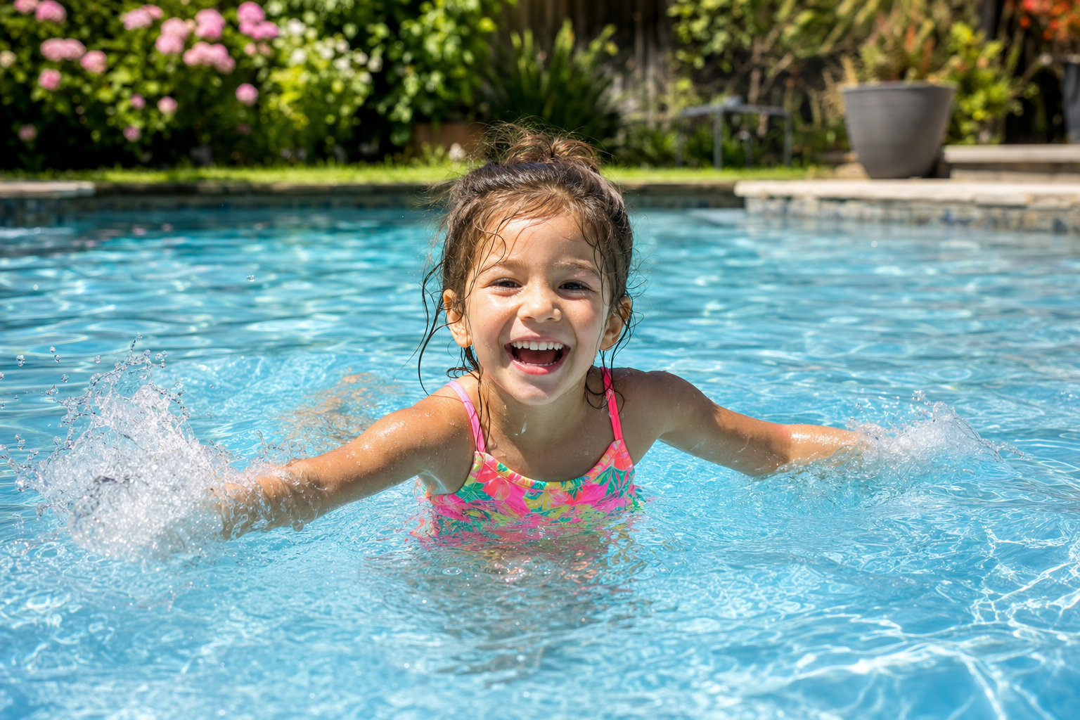 Playful interaction in a familiar setting is the best way to start the swimming journey. A child splashing happily in a home pool while a parent watches closely from the side.