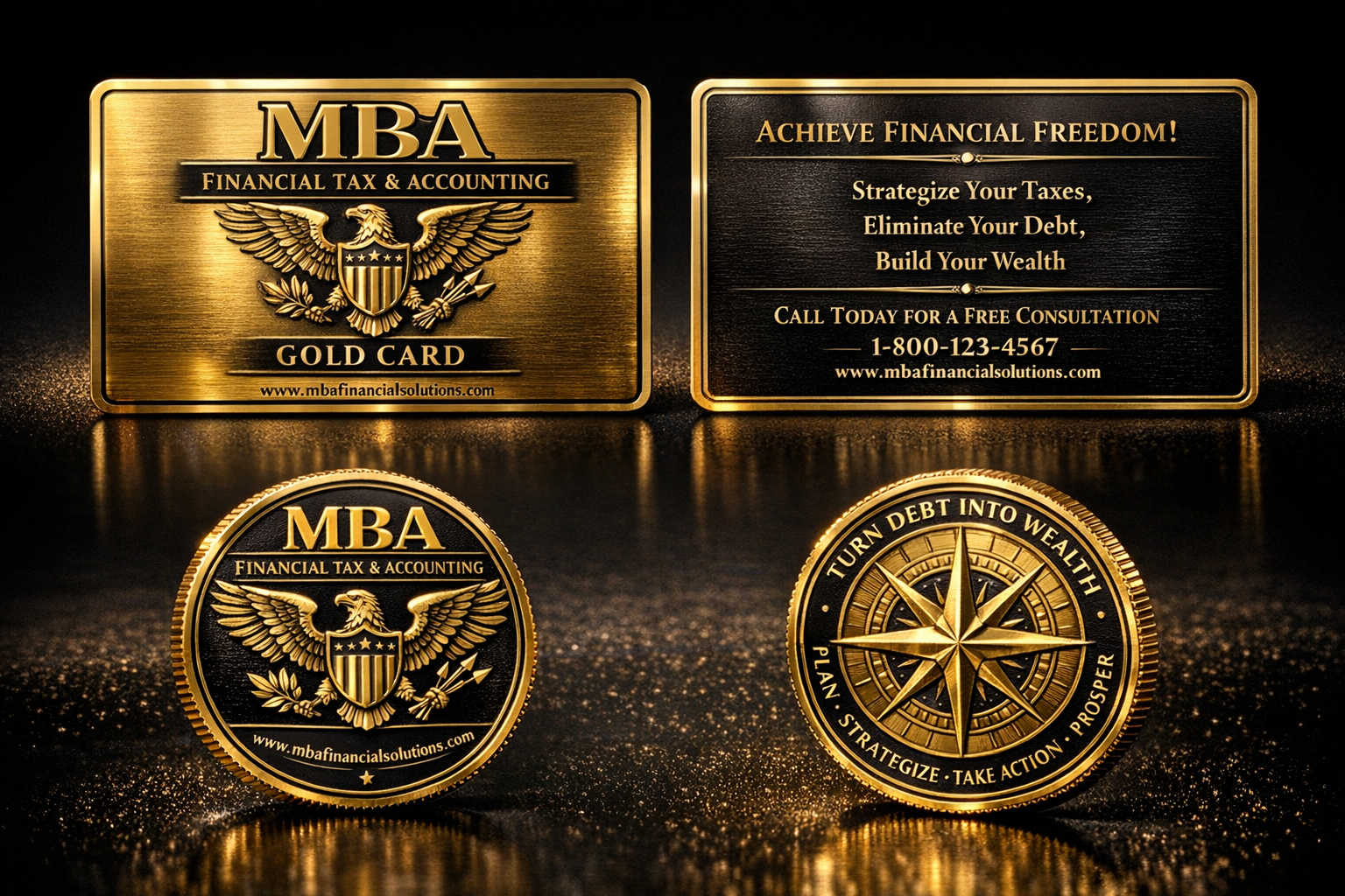 Choosing a local, established firm with a physical office helps you avoid common national tax relief scams. MBA Financial branding featuring a gold card and gold coin, symbolizing financial strength and trust.