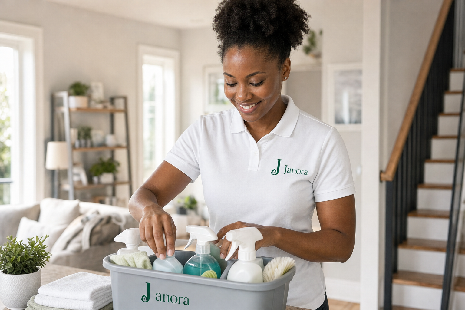 Documentation of a professional clean is your best defense against unfair deposit deductions. A professional cleaner in a white Janora uniform focused on detailed cleaning in a modern home.