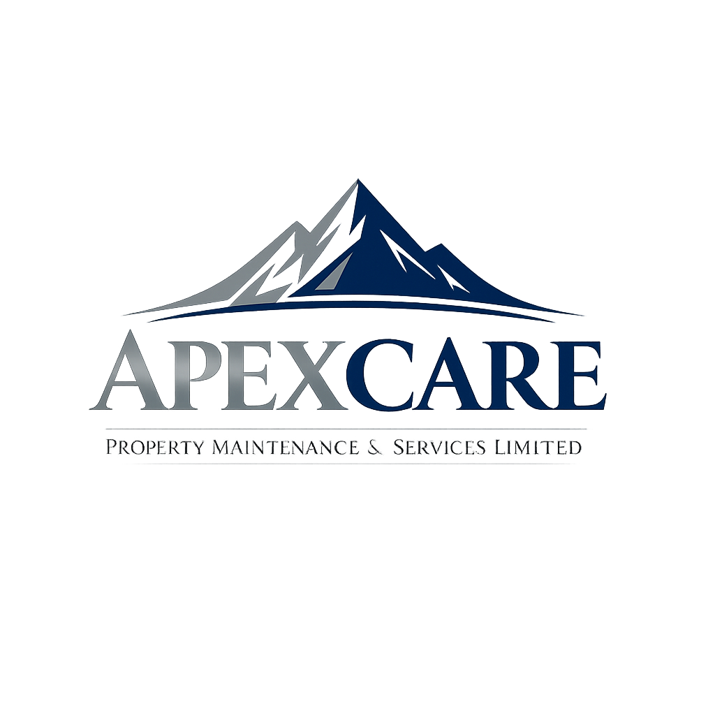 Logo for APEXCARE PROPERTY MAINTENANCE & SERVICES LIMITED with a mountain peak, serif typography in navy and silver, representing reliability and trust.