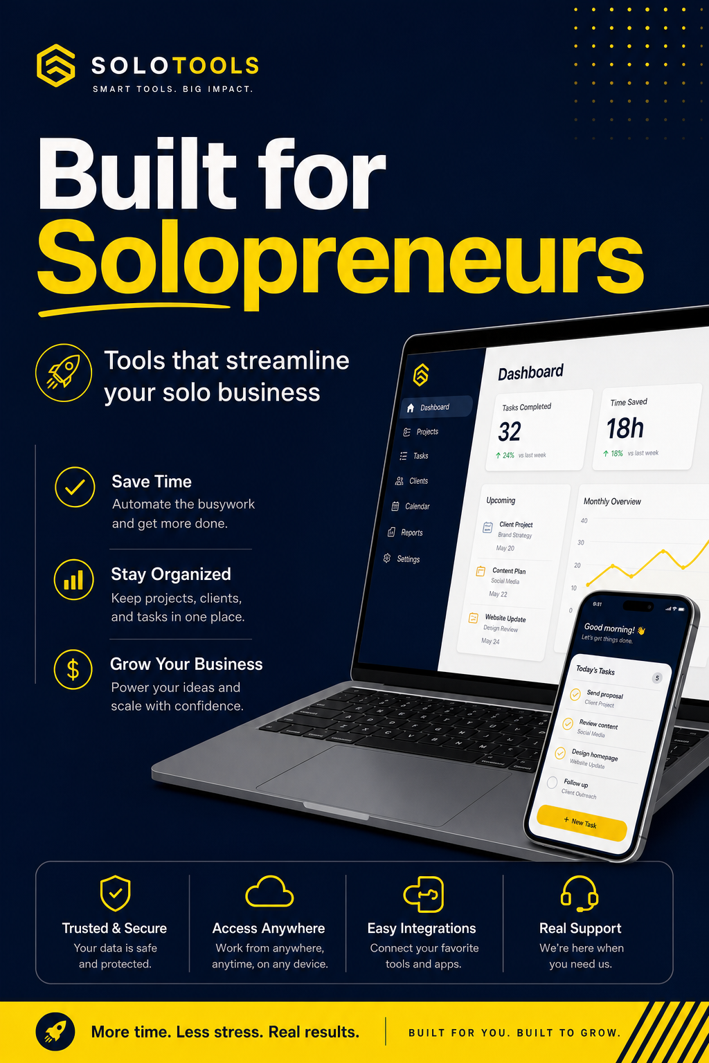 Automating your social media posts is a cornerstone of a time-saving workflow for solopreneurs. Digital display showing a vertical social media post layout with a caption and trending hashtags for a business.