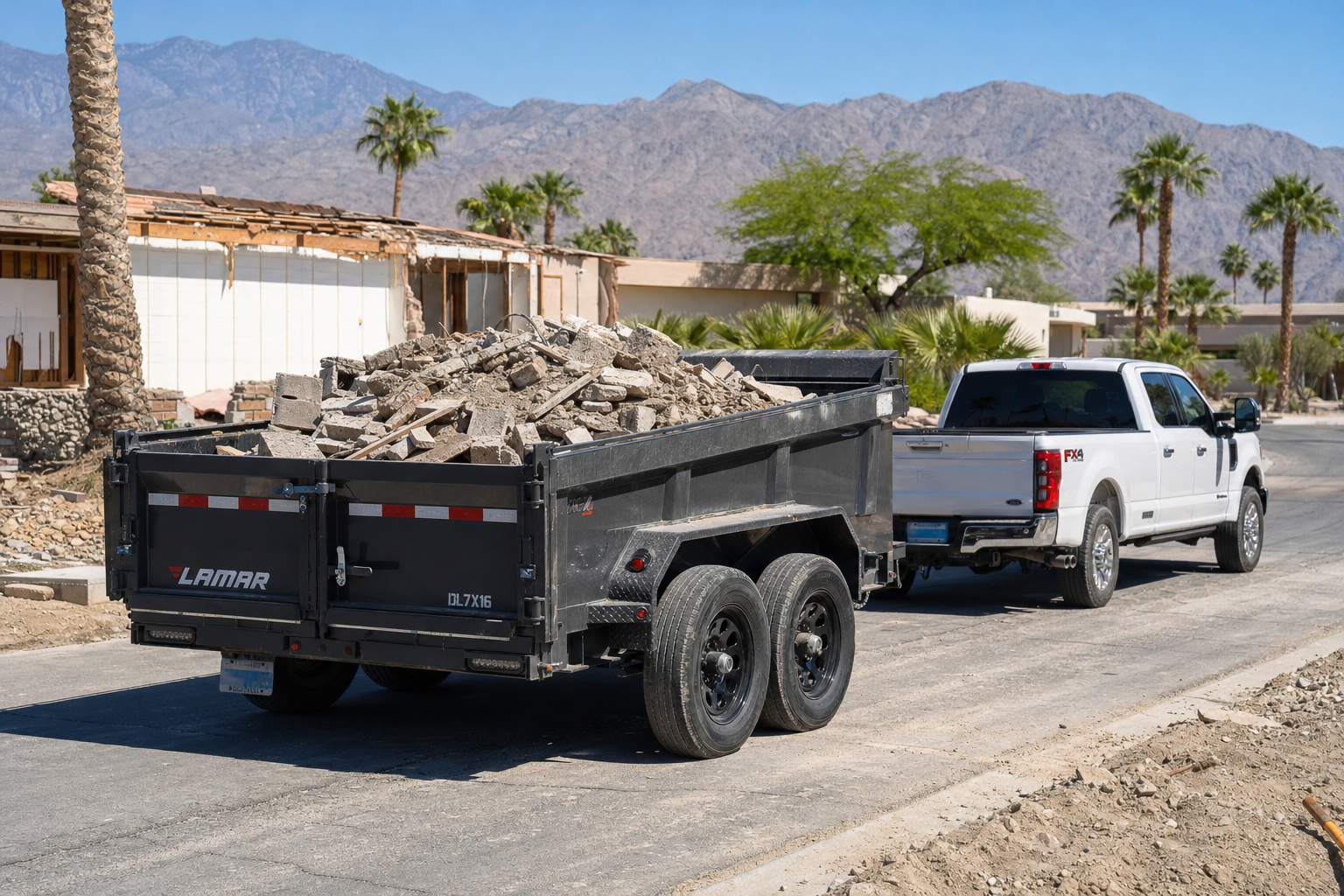 Professional contractors should be transparent about hauling and disposal costs in their estimates. Branded graphic asking about demolition project questions featuring a truck and dump trailer.