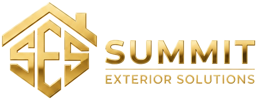 Logo variation 2: SES inside a house with Summit Exterior Solutions beside it in metallic gold