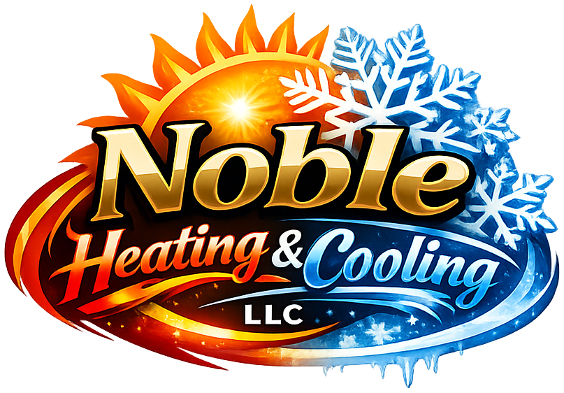 Logo for Noble Heating & Cooling with sun and snowflakes, highlighting heating in red and cooling in blue.
