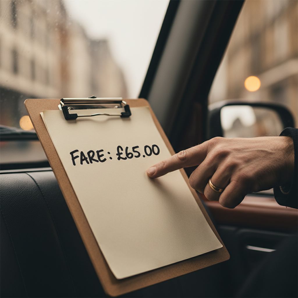 Transparent pricing and local expertise ensure a stress-free day trip experience. A London black cab driver pointing to an agreed upfront fare on a clipboard for a customer