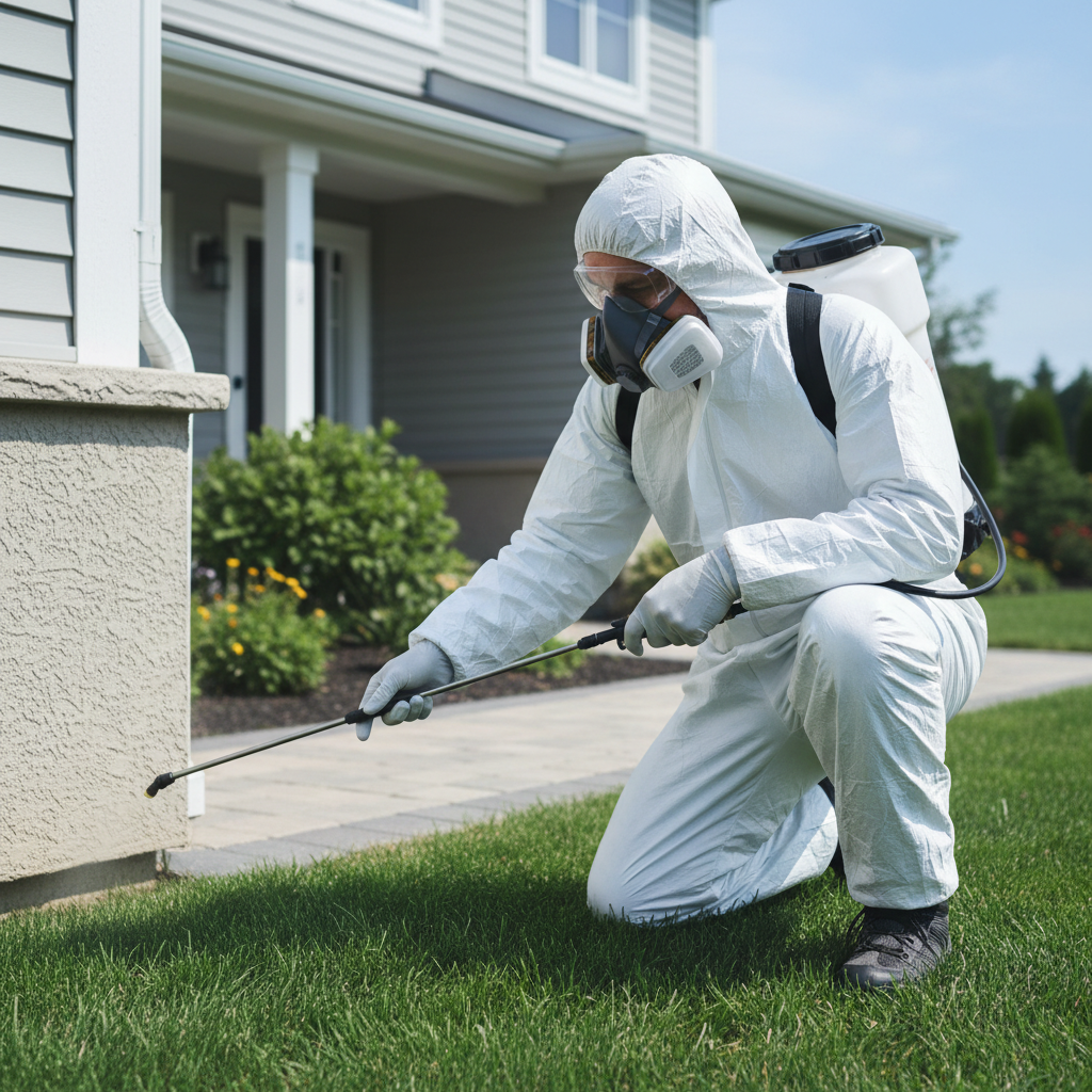Applying a professional barrier in the fall stops pests like Box Elder bugs from seeking winter warmth inside. A technician applying a protective barrier treatment along the exterior trim and siding of a home.