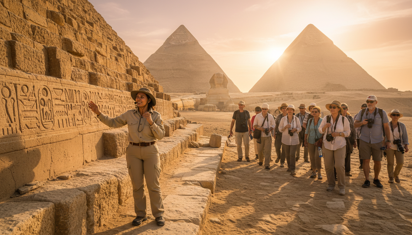 Guides act as a helpful buffer against street vendors at major monuments like the Giza Pyramids. A professional tour guide leading a small group at an ancient Egyptian pyramid site in warm sunlight.