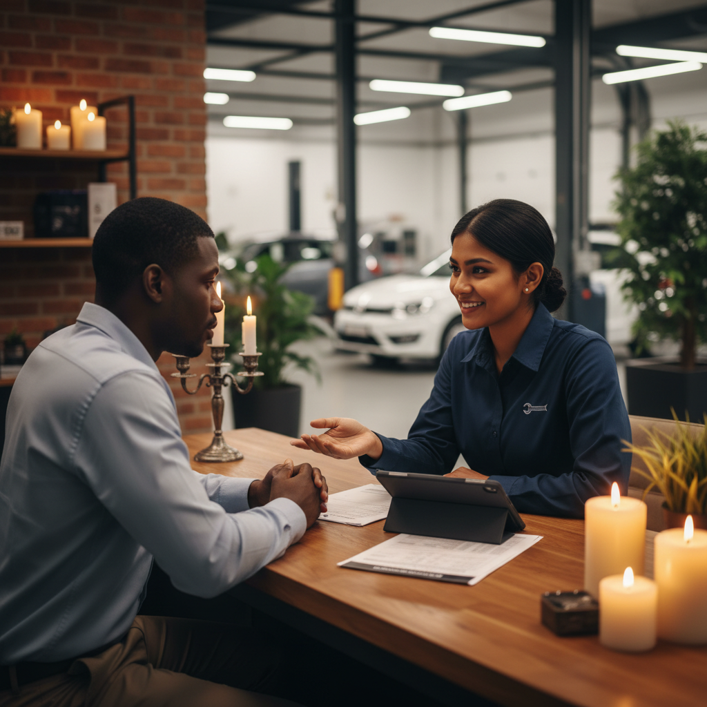 We prioritize clear communication so you know exactly what your vehicle needs to stay cool. A technician at a service desk explaining diagnostic results and repair options to a customer in a professional office.