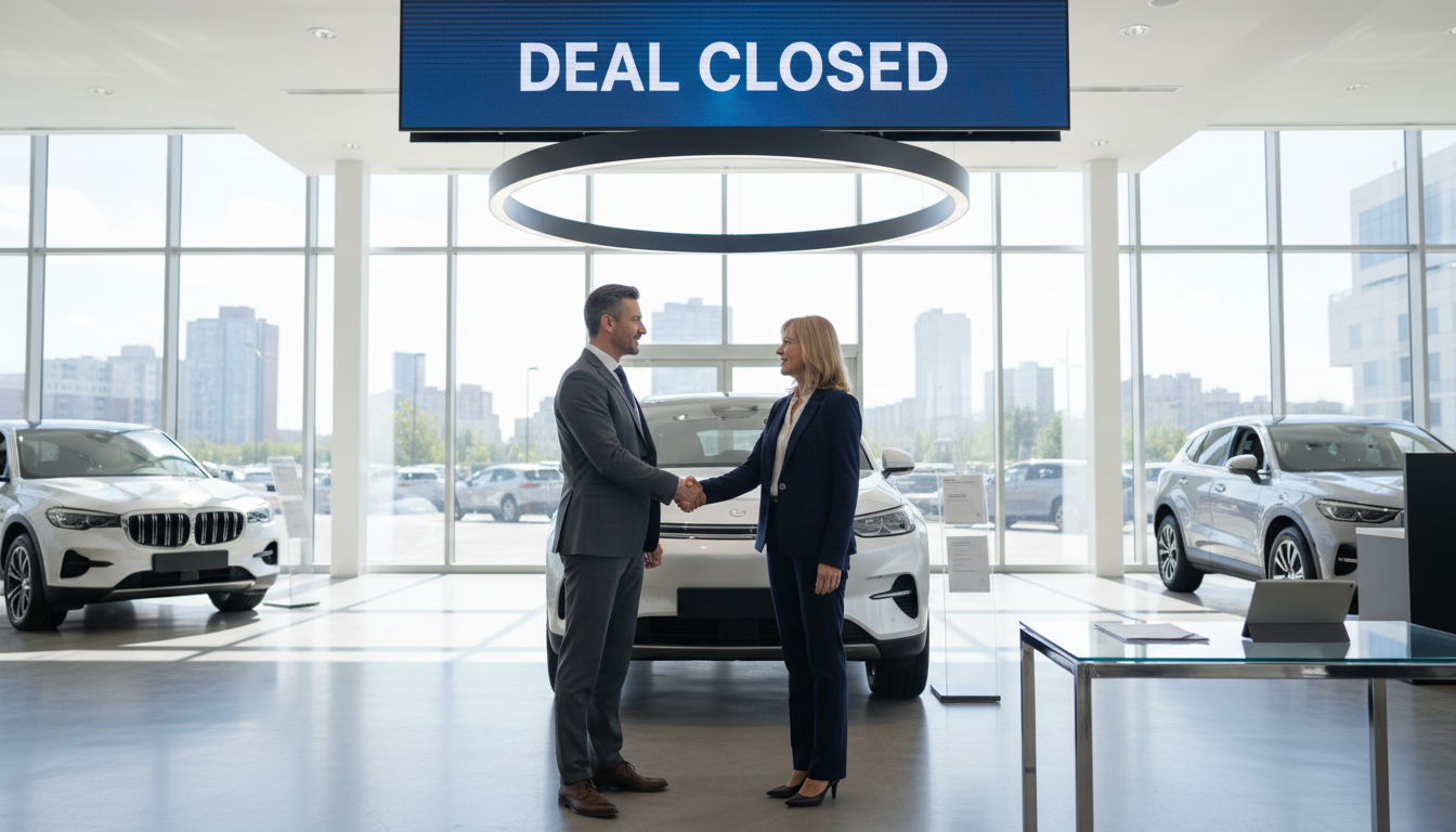 We handle the tough conversations so you don't have to step foot in a dealership until it is time to sign. A professional car buyer shaking hands with a dealer in a modern showroom after a successful negotiation.