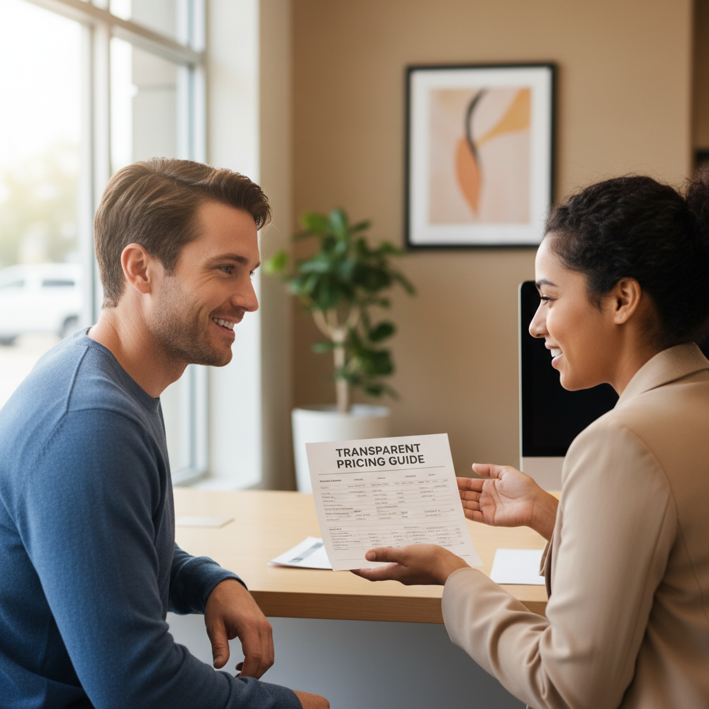 Honest communication with your dealer can open up more financing options. A person reviewing a vehicle price list with a friendly sales representative in a warm, inviting dealership office setting.