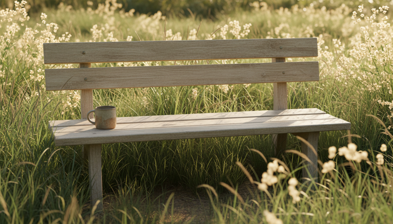 Finding a dedicated space for reflection is a vital part of emotional well-being. An empty wooden bench in a garden with sage green grasses and a single ceramic mug.
