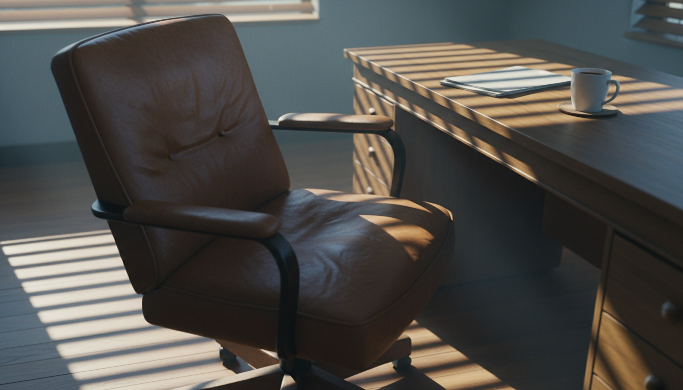 Leadership burnout in 2026 often stems from the silent emotional labor of managing constant change. An empty leather office chair in morning light with a coffee cup, suggesting the quiet moments before a high-pressure day.