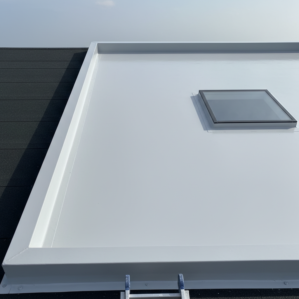 Modern GRP fibreglass roofs provide a smooth, waterproof finish for Essex flat roofs. A high angle view of a seamless grey GRP fibreglass flat roof installed on a garage in Basildon.