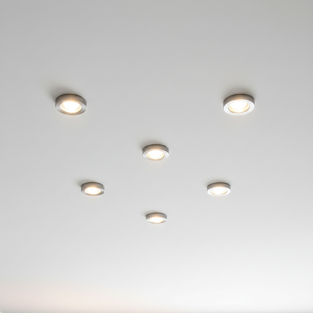 Professional LED installations can reduce lighting energy costs by up to 80 percent. Energy efficient LED downlights installed in a modern white ceiling providing crisp lighting with low power consumption.