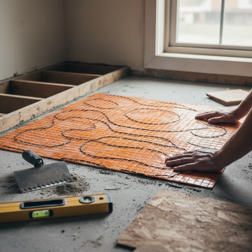 A look at the intricate process of laying electric heating cables before tile installation. Professional installer hands positioning an orange electric heating mat and black wires on a bathroom subfloor.