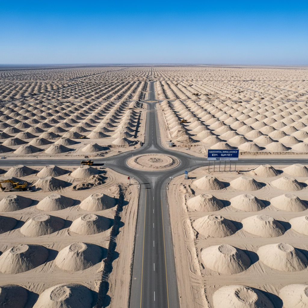 Large scale desert projects benefit significantly from rapid 3D modeling and volumetric data. Aerial view of a vast desert excavation site in Saudi Arabia highlighting sand mounds and access roads.
