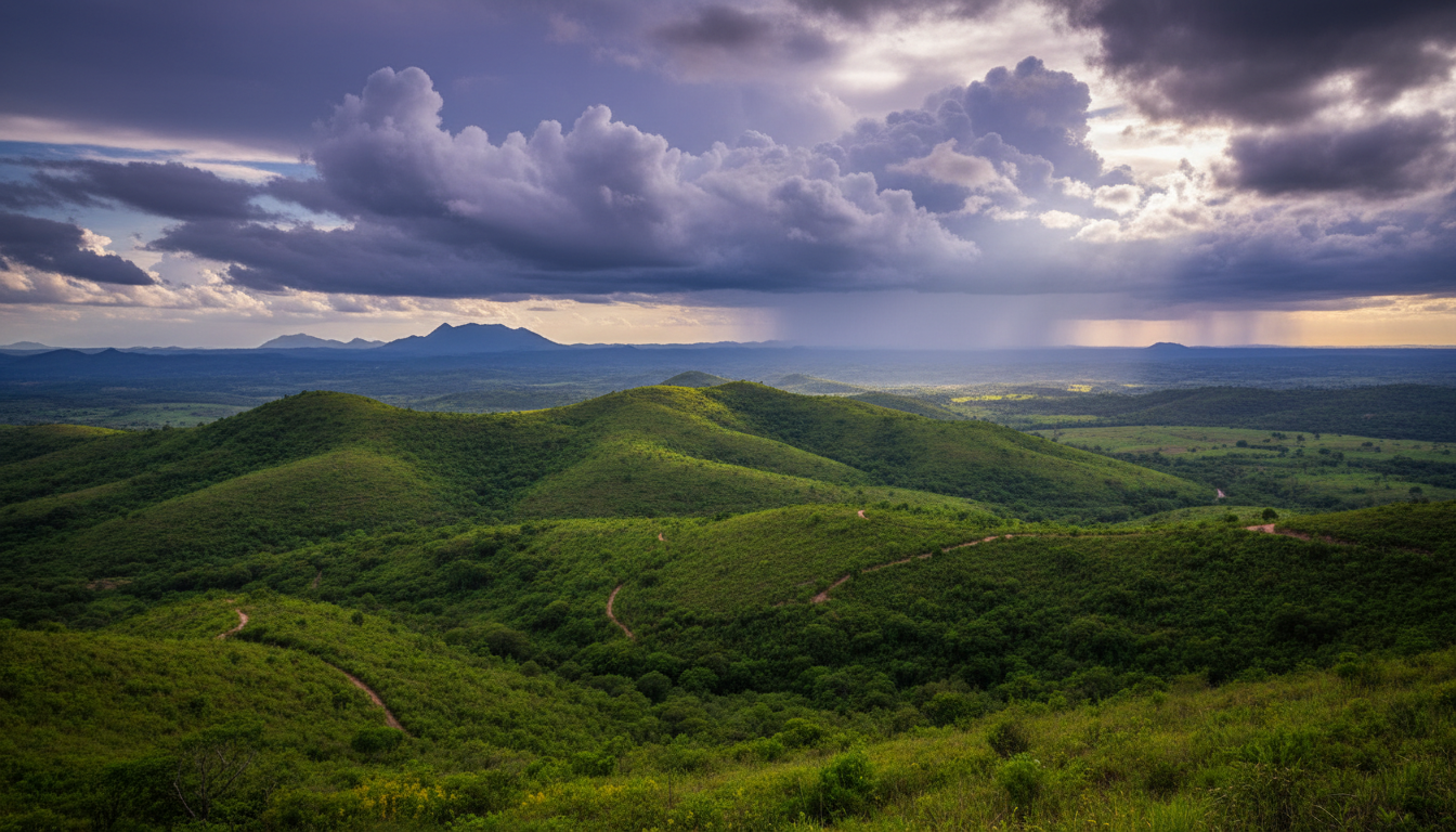 As províncias de Angola oferecem cenários ideais para retiros de bem estar e residências sénior. Colinas verdes e paisagem rural de Angola com nuvens dramáticas, simbolizando o regresso às origens.