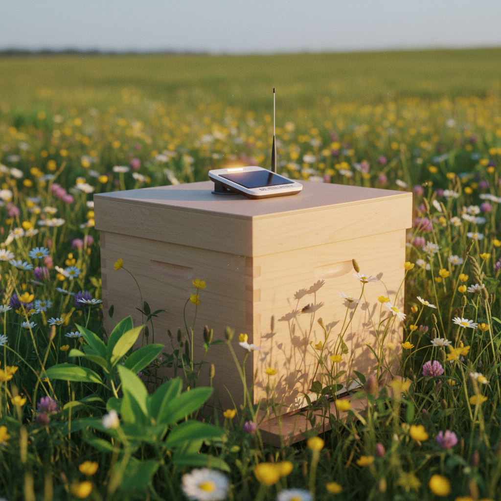 La tecnología de sensores permite monitorizar la temperatura interna de la colmena en tiempo real. Colmena inteligente con sensores de monitoreo en un entorno natural controlado.