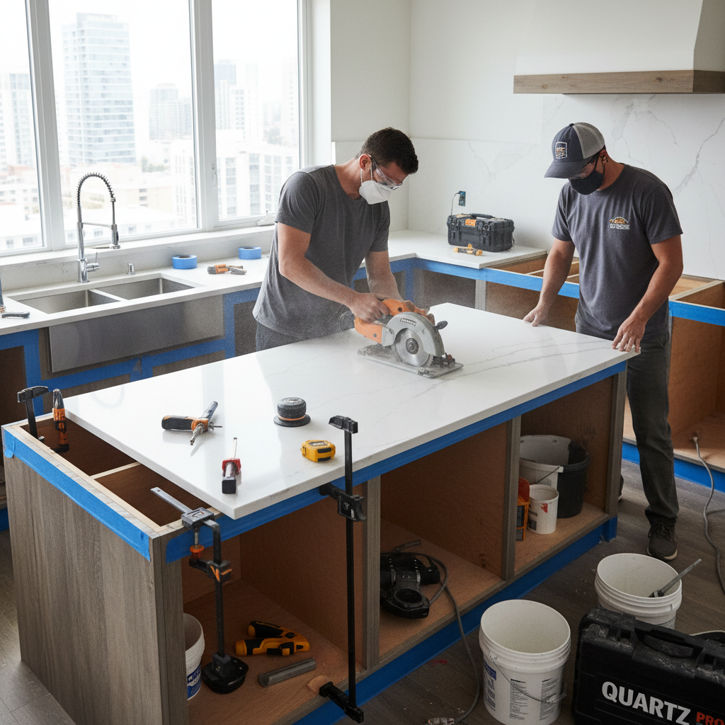 Proper sequencing ensures that your new countertops are installed on perfectly leveled cabinets. Professional installation of a quartz countertop slab using specialized tools.