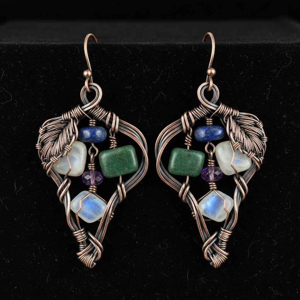 Handcrafted pieces offer unique variations that mass-produced jewelry simply cannot match. A pair of one of a kind wire wrapped earrings with natural gemstones showing unique handmade detail.