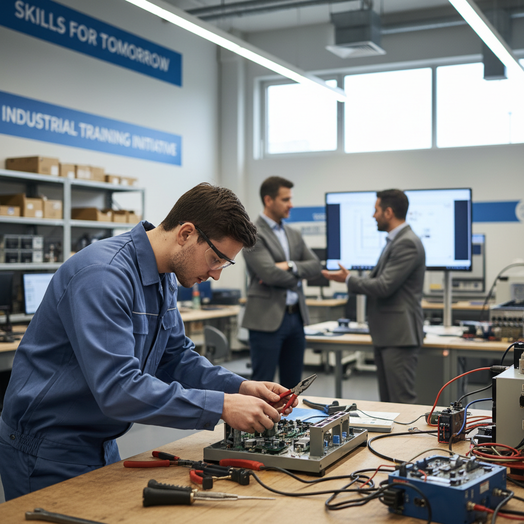 Bridging the gap between employer needs and student skills is critical for long term retention. A dual audience shot showing a learner focused on work while an employer representative observes in the background.