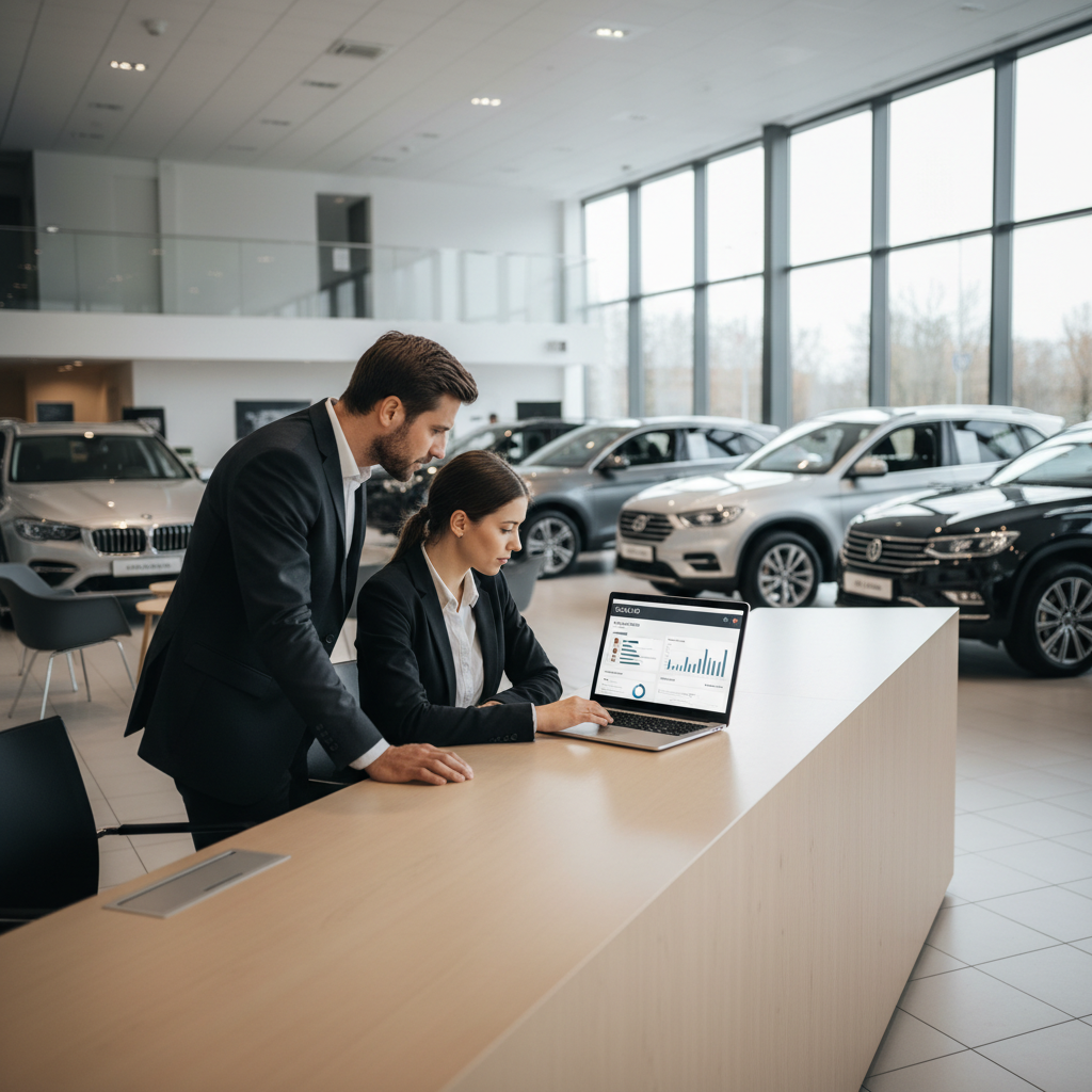 Real change happens when management and sales teams align on 90-day performance cycles. A sales manager leaning over a salesperson's shoulder looking at a CRM dashboard on a laptop in a showroom.