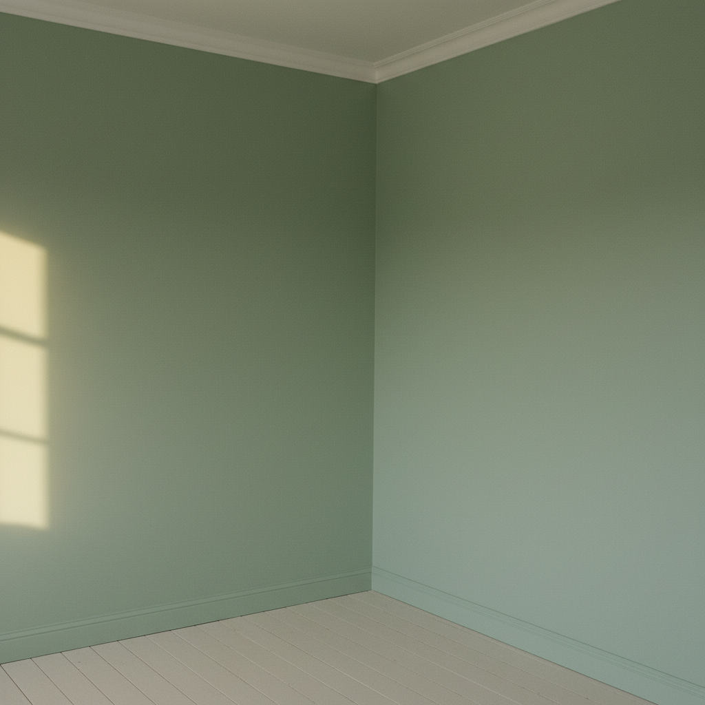 Eggshell finishes provide a soft, low-sheen glow perfect for restful bedroom environments. A bedroom interior painted in a soft sage green with a smooth, even finish on the walls.