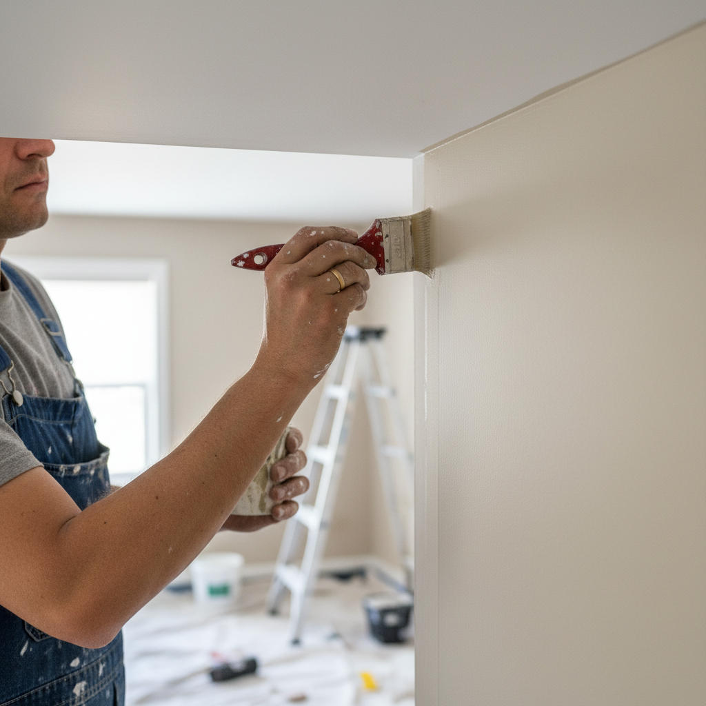 Precision 'cutting in' is a hallmark of an expert painting crew. Professional painter carefully cutting in a straight line along a ceiling edge with a brush.