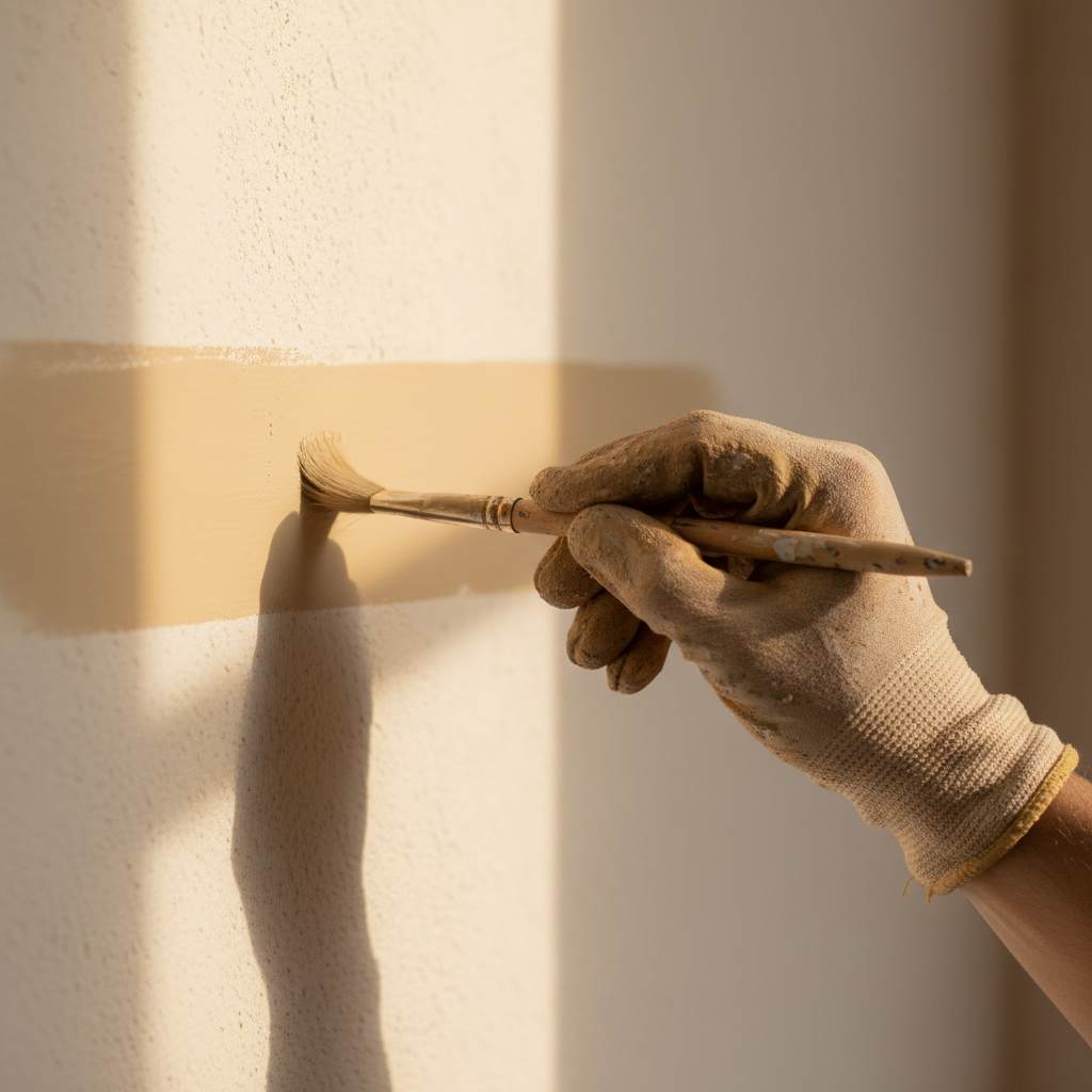 Consistent temperatures ensure that every brush stroke cures perfectly. Close-up of a painter's hand applying paint with a brush to an interior wall with precise technique.