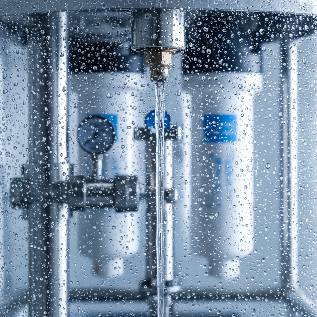 Pure water technology removes minerals that cause streaks and permanent glass etching. Close-up of pure water cleaning system showing water droplets on a perfectly clean glass surface.