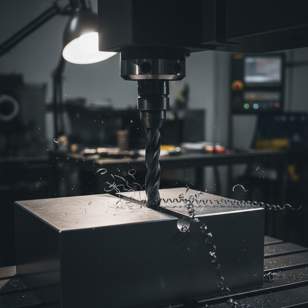 Precision machinery and efficient setup reduce cycle times on the production floor. Close up of a CNC machine cutting tool in motion shaping a metal industrial component.