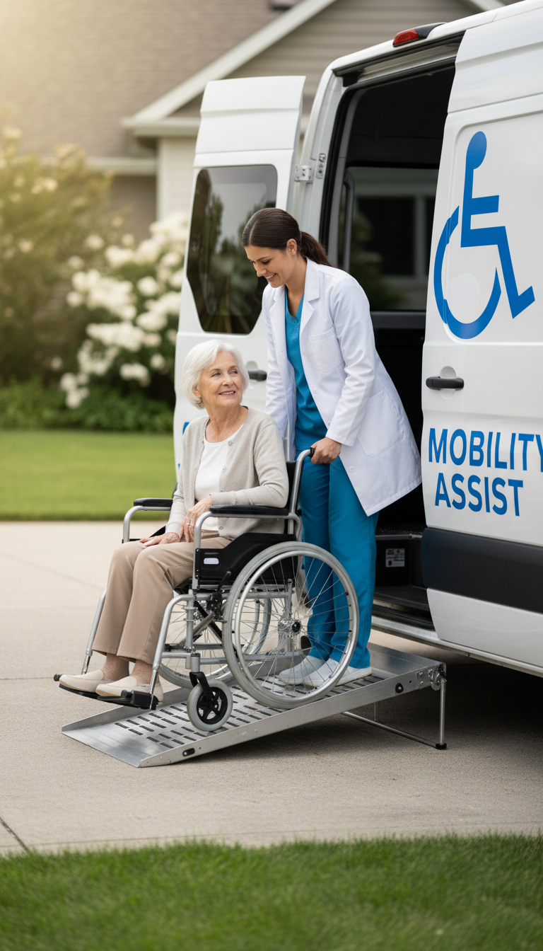 Professional NEMT services provide the physical assistance that standard transit lacks. Professional caregiver assisting an elderly patient in a wheelchair as they enter a transport vehicle with a ramp.