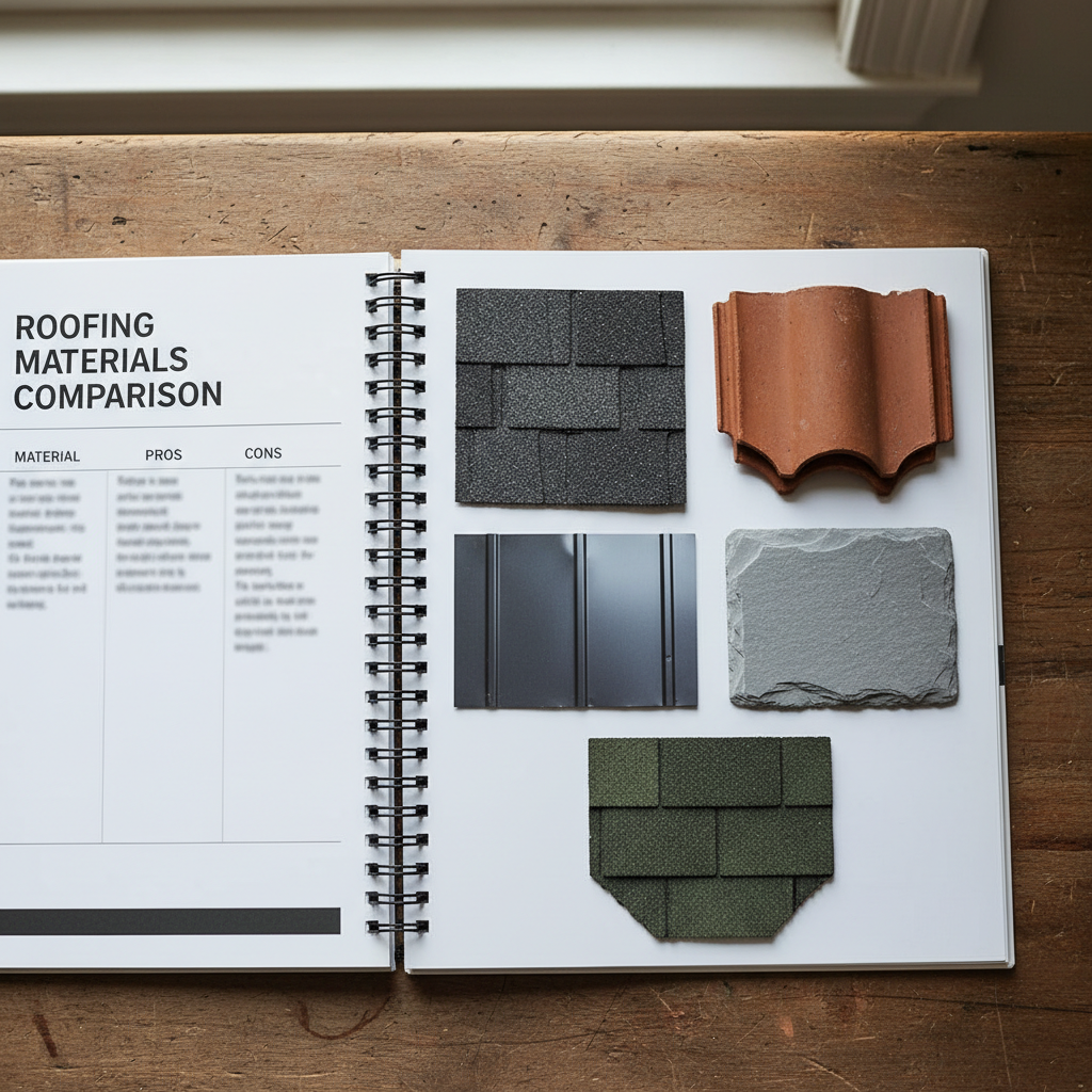 Material choice affects roof life, solar timing, and future project costs. Guidebook comparing roofing material samples on a table for homeowner research