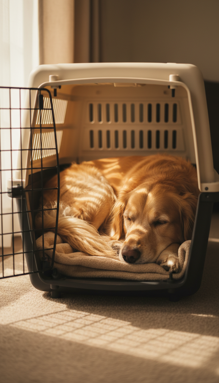 Dog resting in an airline crate