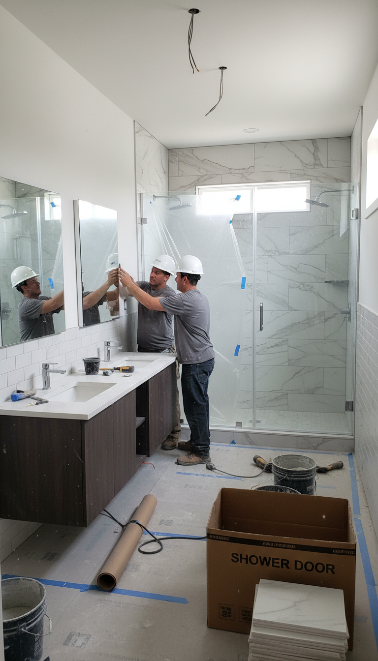Mid-project remodels often reveal conditions unique to Fort Worth's older housing stock. Bathroom remodel in progress showing new shower enclosure, tile work, and vanity installation
