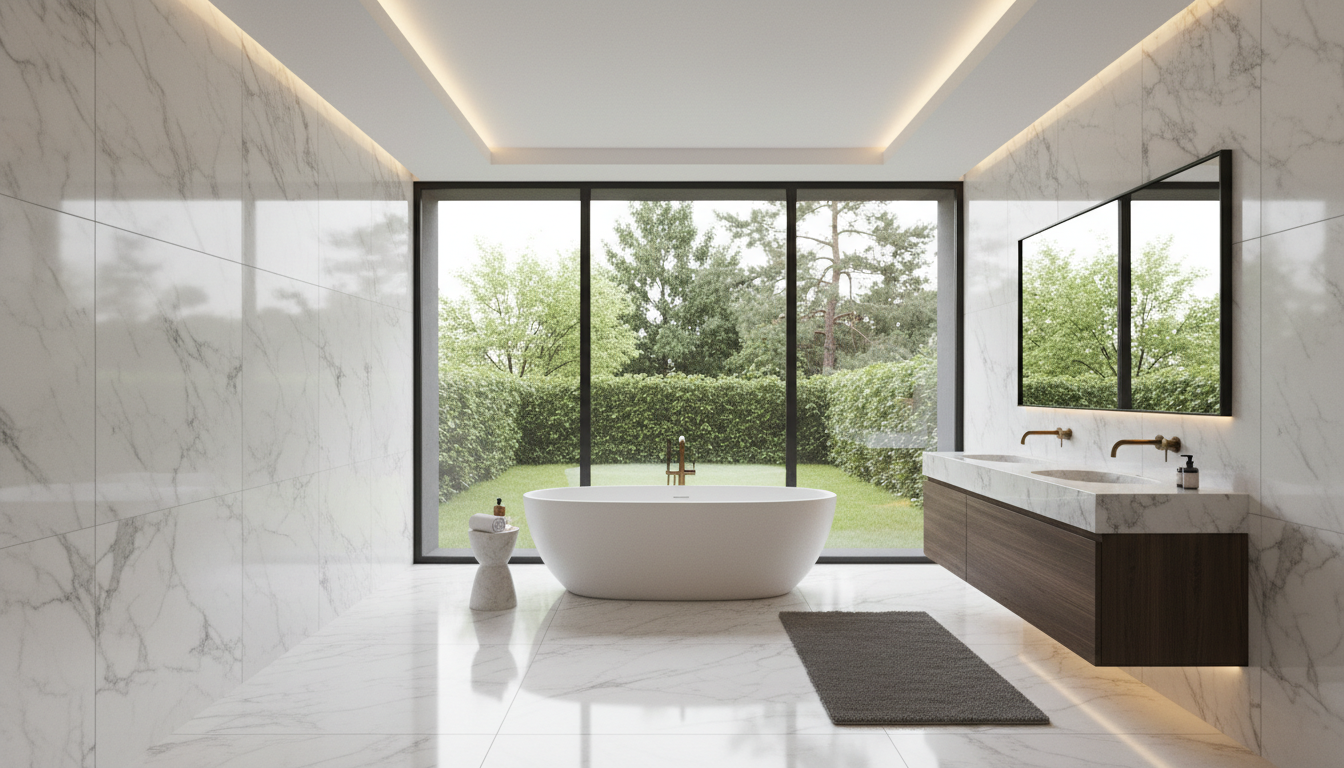 Filtered water prevents mineral buildup and staining on high-end marble and brass fixtures. Luxury modern bathroom featuring a freestanding tub and marble tiles that benefit from filtered water.