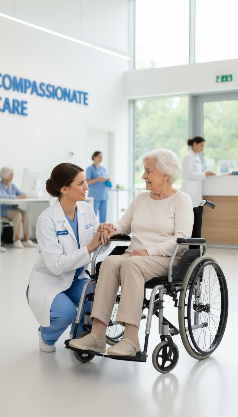 Matching the level of transport to the patient's physical needs is essential for safety. A senior patient in a wheelchair receiving compassionate care from a professional in a medical facility.