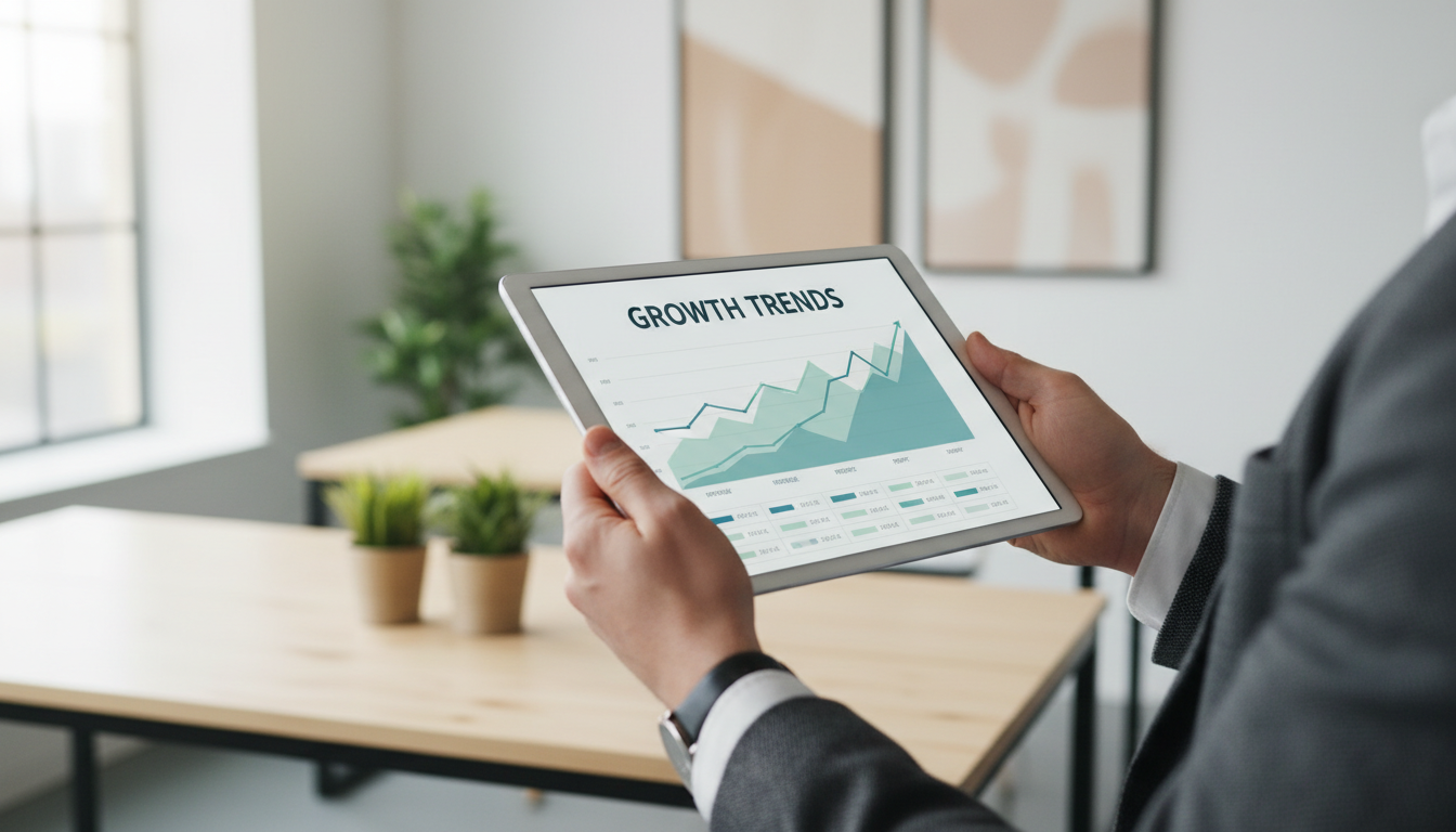 Forecasting allows business owners to visualize growth trends and prepare for future opportunities. Hands holding a tablet displaying upward trending financial charts and growth data.