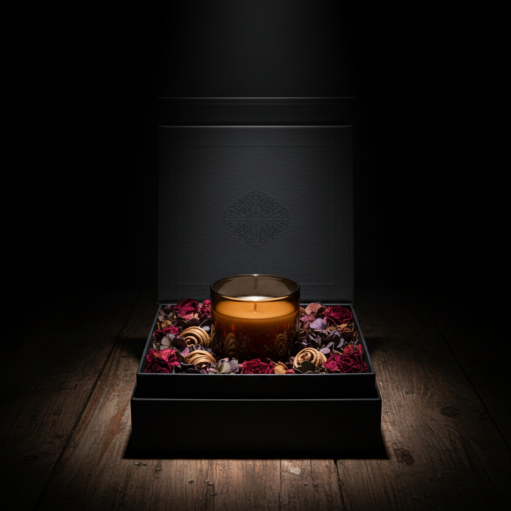 Ein Geschenk, das bleibt: Nachhaltige Konzepte sorgen für eine emotionale Verbindung zum Empfänger. Eine geöffnete Geschenkbox mit einer Duftkerze und getrockneten Blumen in atmosphärischem Licht.