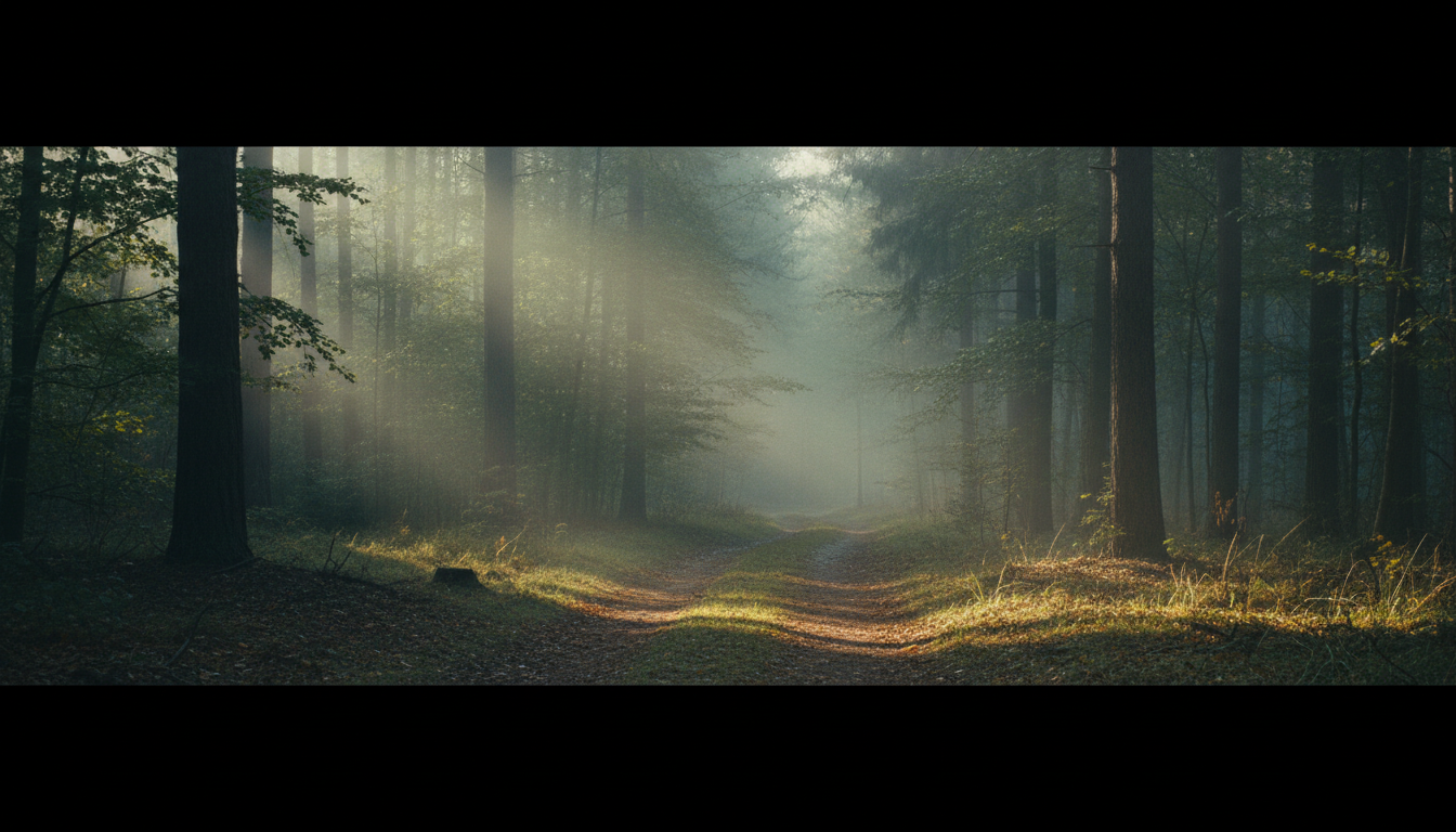 The path of awakening is rarely a straight line: it is a movement through many inner landscapes. A mist-covered forest at dawn with a path leading inward through soft light and trees.