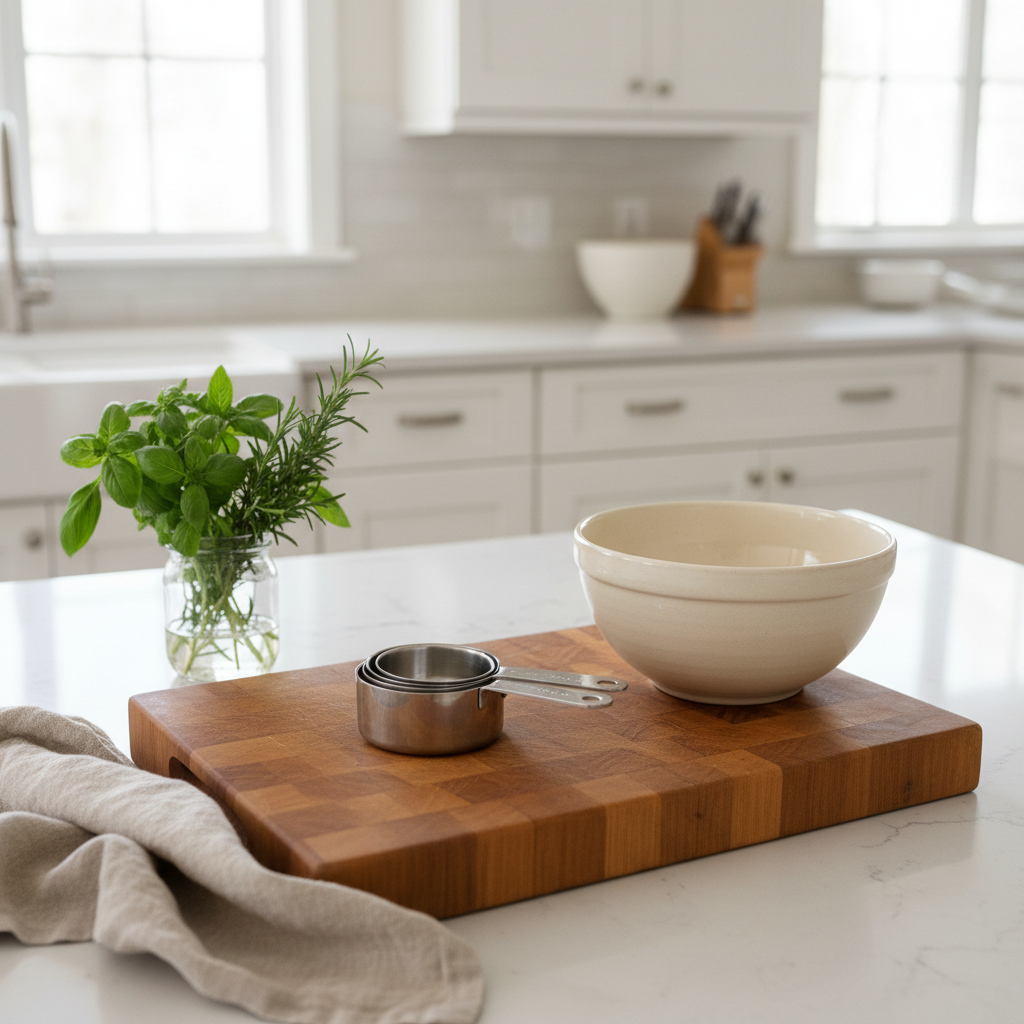 Quality kitchen linens and tools are the foundation of a functional Duchesne home. A kitchen counter with a wooden cutting board, ceramic bowl, and a linen towel draped to the side in natural light.