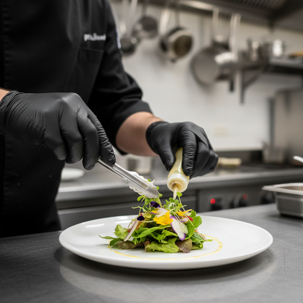 Plated meals require significantly higher labor costs due to individual assembly. Close up of a chef carefully plating a salad in a professional commercial kitchen.
