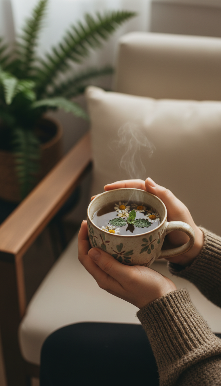 Person holding a warm beverage in a peaceful wellness setting