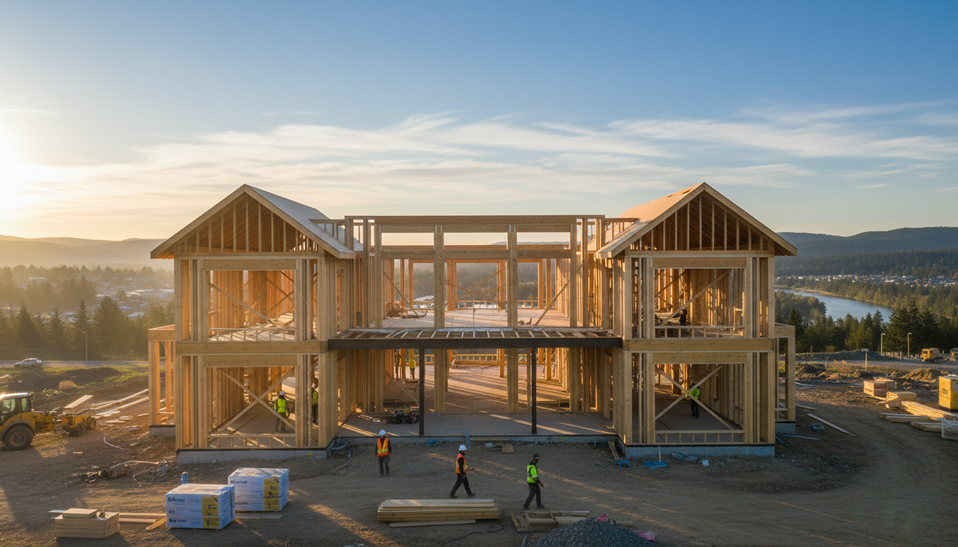 For some Visalia families, starting fresh with a custom build is the most cost-effective long-term choice. New home construction site in Visalia with wood framing and structural work visible under bright sunlight.